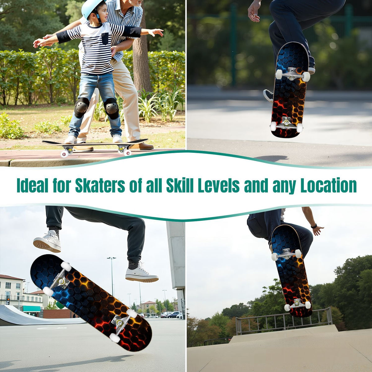 31"x8" Complete Skateboards for Beginners,Hexagon neon blue glow futuristic Double Kick 7 Ply Canadian Maple Deck Skateboard with Wheels, Gifts for Kids Teens