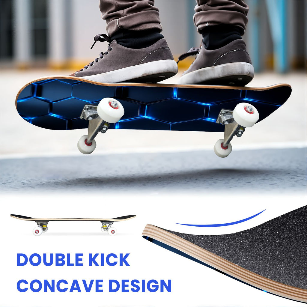 31"x8" Complete Skateboards for Beginners, Modern Abstract Hexagonal Blue Neon Glow Futuristic Double Kick 7 Ply Canadian Maple Deck Skateboard with Wheels, Gifts for Boys Teens