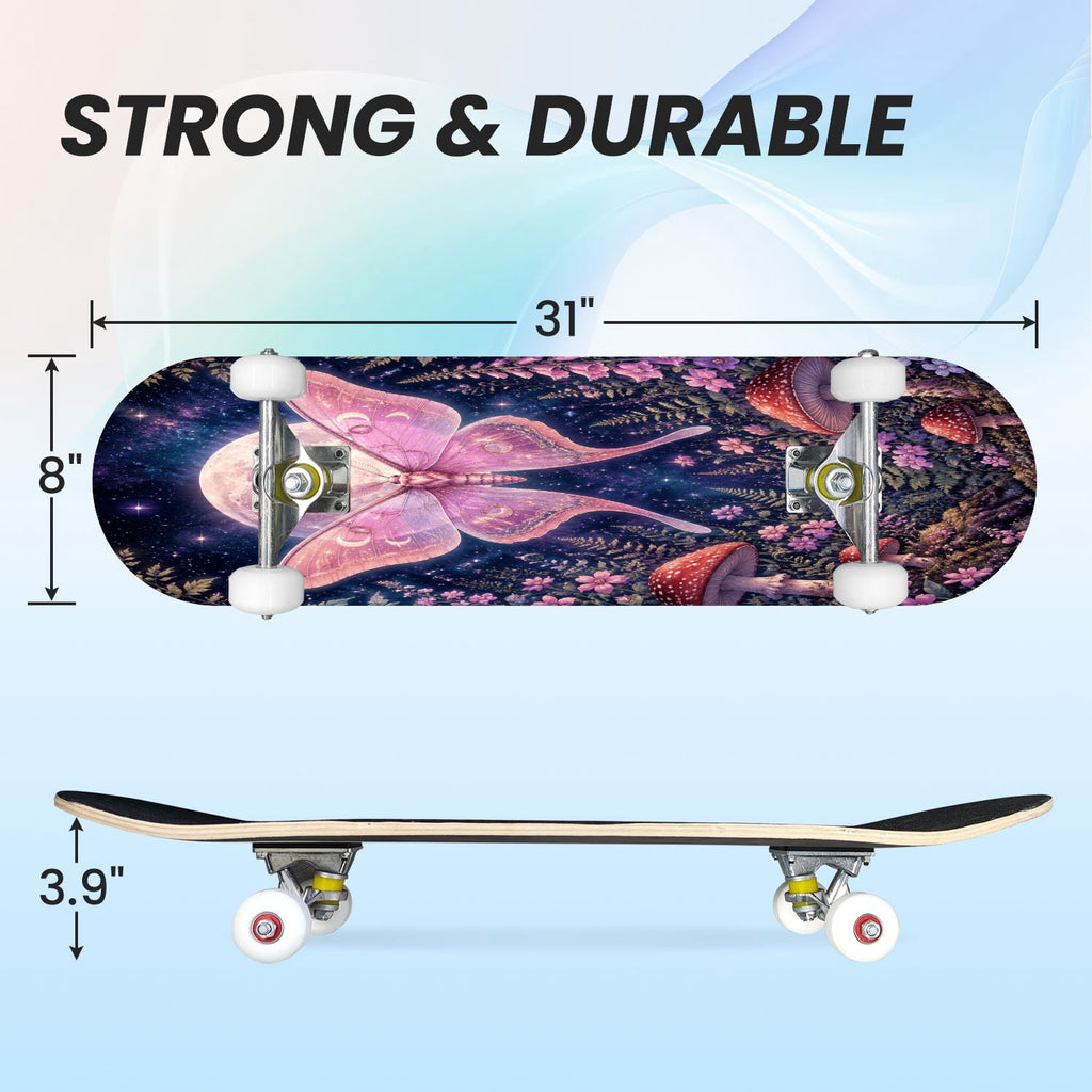31"x8" Complete Skateboards for Beginners, Glowing Bioluminescent Mushrooms Mystical Forest Double Kick 7 Ply Canadian Maple Deck Skateboard with Wheels, Gifts for Kids Teens