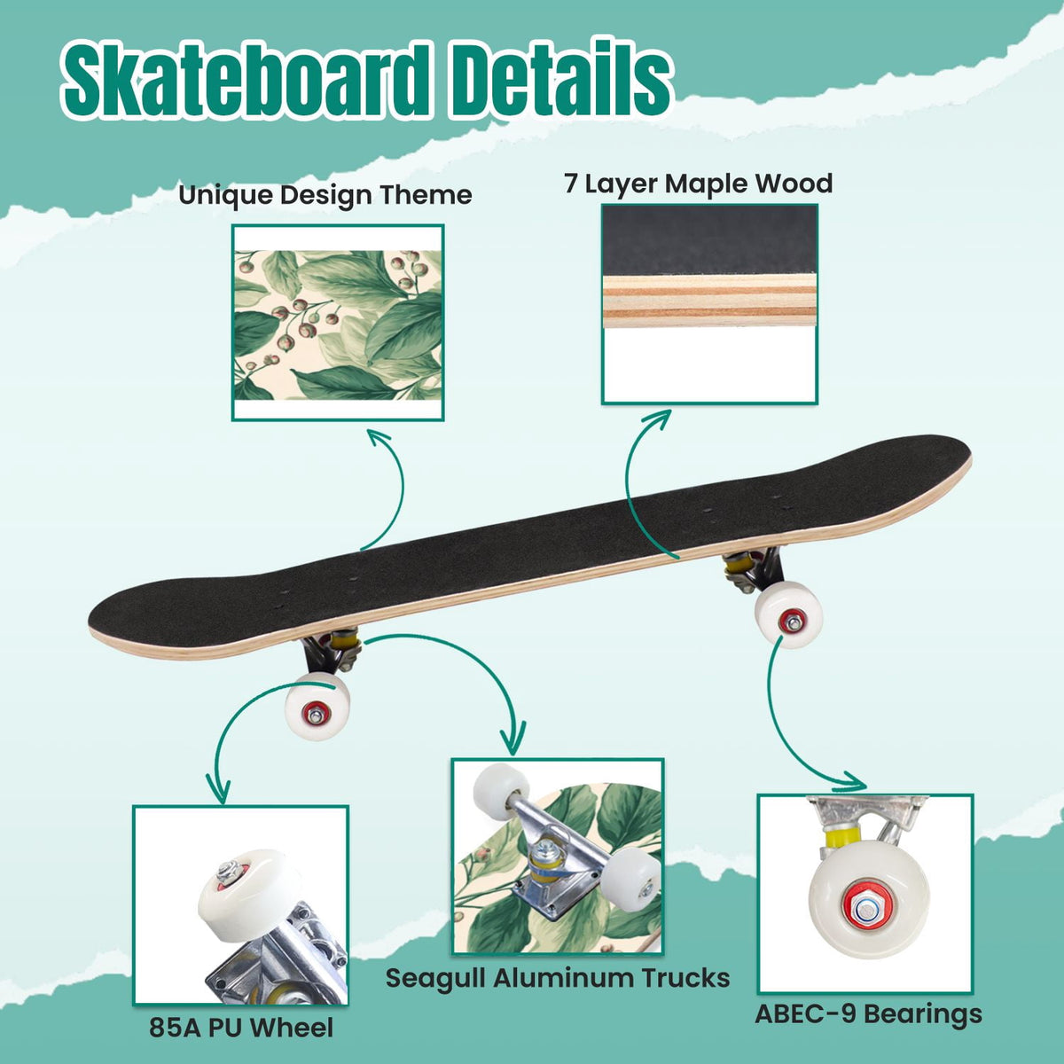 Botanical Floral Peonies Hummingbirds 31" x 8" Complete Skateboard, 7-Ply Canadian Maple Double Kick Trick Board for Kids and Beginners Adult Gifts