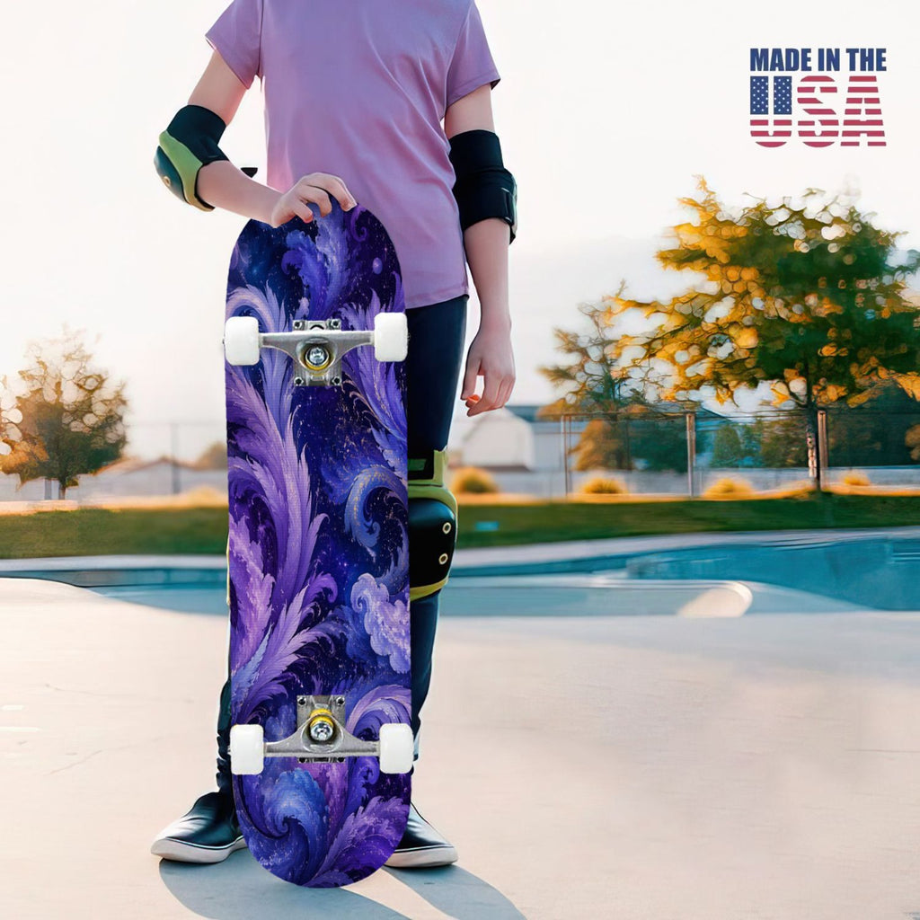 31"x8" Complete Skateboards for Beginners, Purple White Cosmos Flowers Butterflies Watercolor Double Kick 7 Ply Canadian Maple Deck Skateboard with Wheels, Gifts for Kids Teens