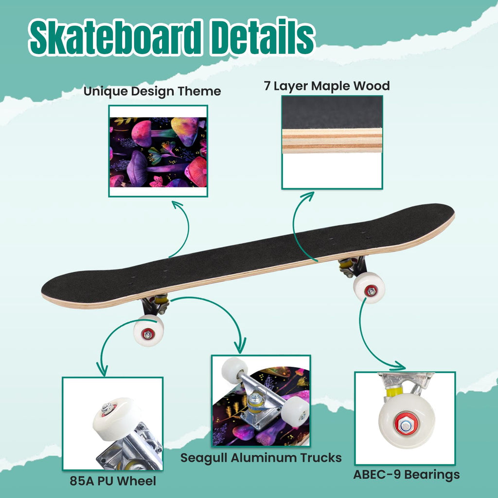 Vibrant Floral Bouquet Pink Roses Bright Colors Teal 31" x 8" Complete Skateboard, 7-Ply Canadian Maple Double Kick Trick Board for Kids and Beginners Adult Gifts