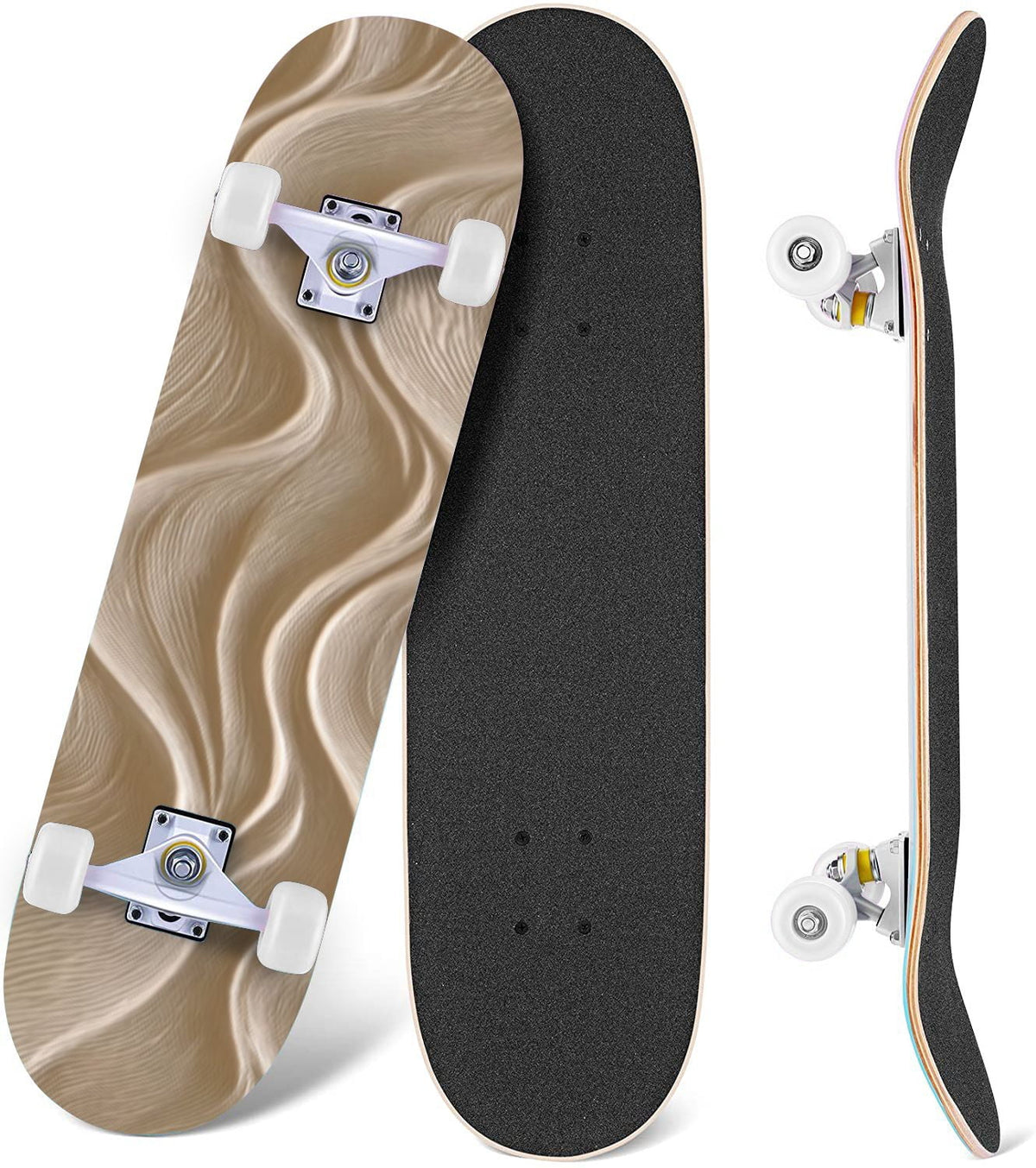 Beige Waves Flowing Lines 3D Effect 31" x 8" Complete Skateboard, 7-Ply Canadian Maple Double Kick Trick Board for Kids and Beginners Adult Gifts