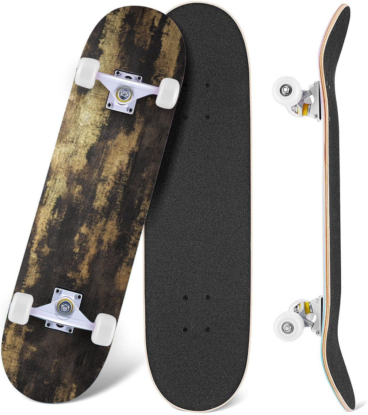 Watercolor Floral Shades Blue Grey Leaves 31" x 8" Complete Skateboard, 7-Ply Canadian Maple Double Kick Trick Board for Kids and Beginners Adult Gifts