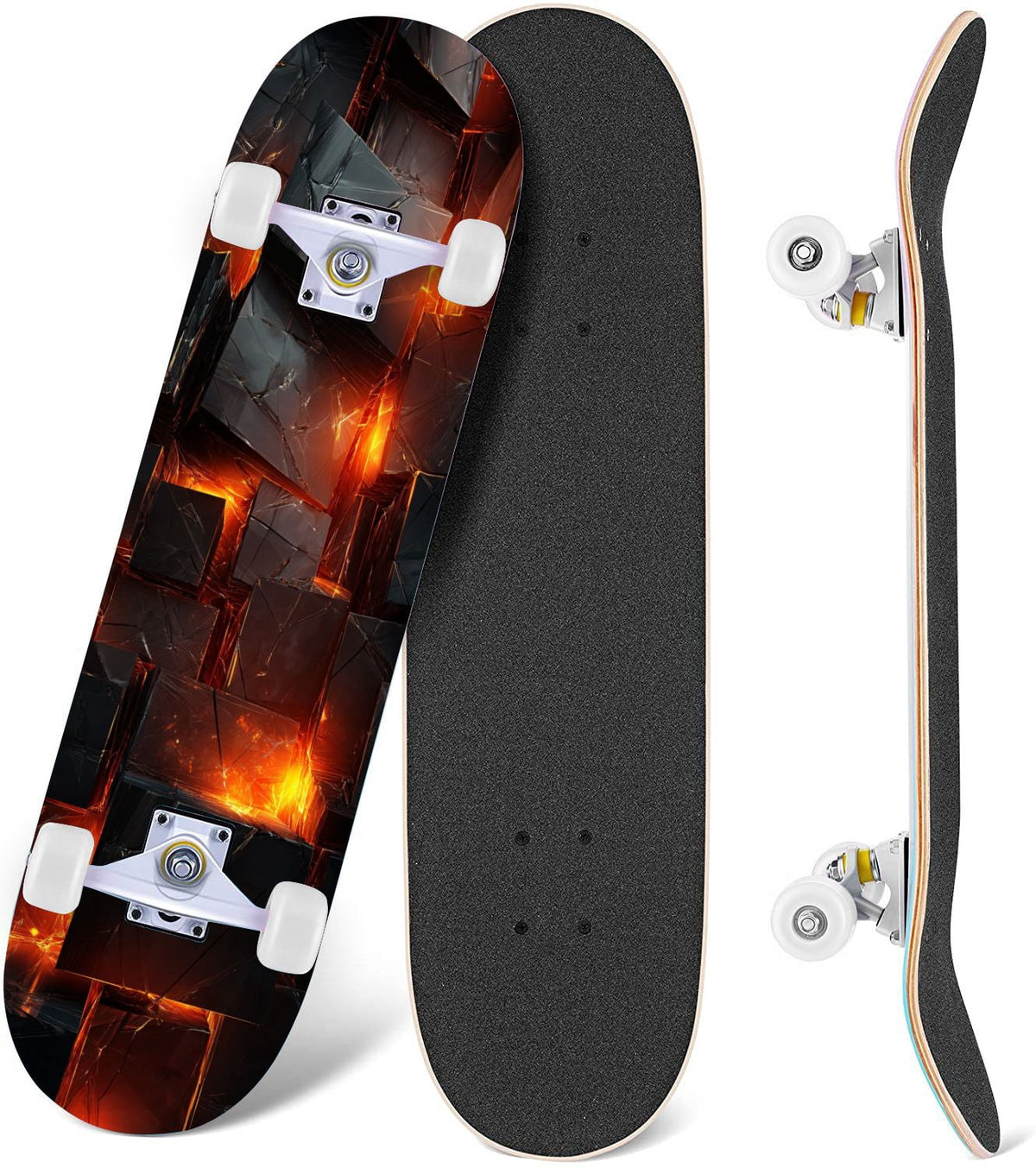 Glowing Futuristic Cubic Tunnel Metallic Tiles Bright Light 31" x 8" Complete Skateboard, 7-Ply Canadian Maple Double Kick Trick Board for Kids and Beginners Adult Gifts