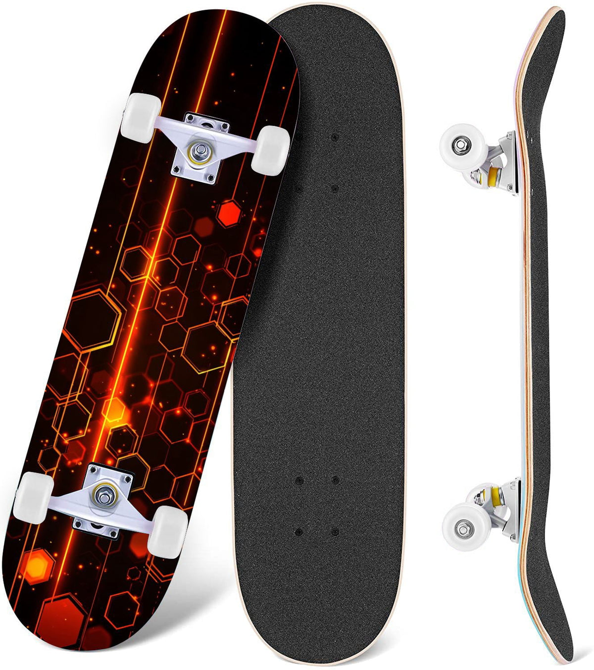 Glowing Futuristic Cubic Tunnel Metallic Tiles Bright Light 31" x 8" Complete Skateboard, 7-Ply Canadian Maple Double Kick Trick Board for Kids and Beginners Adult Gifts