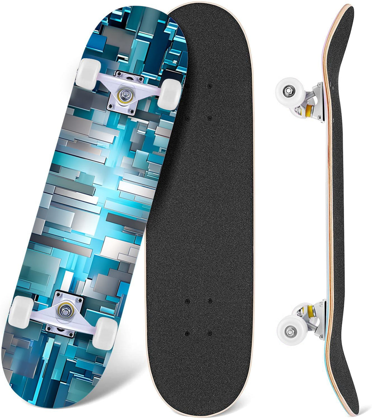 Glowing Futuristic Cubic Tunnel Metallic Tiles Bright Light 31" x 8" Complete Skateboard, 7-Ply Canadian Maple Double Kick Trick Board for Kids and Beginners Adult Gifts