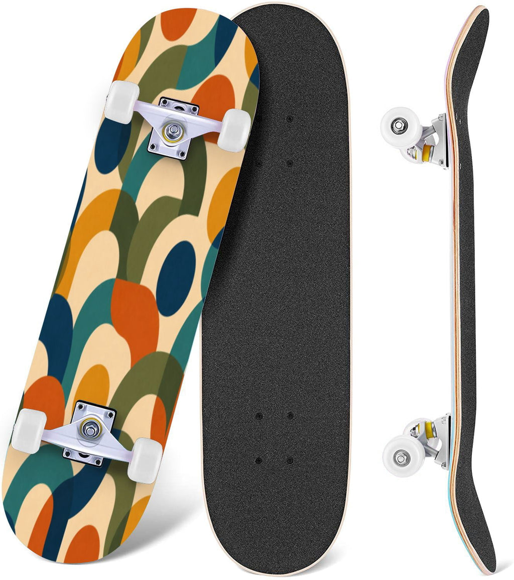 Abstract Geometric Curved Shapes Earthy Tones 31" x 8" Complete Skateboard, 7-Ply Canadian Maple Double Kick Trick Board for Kids and Beginners Adult Gifts