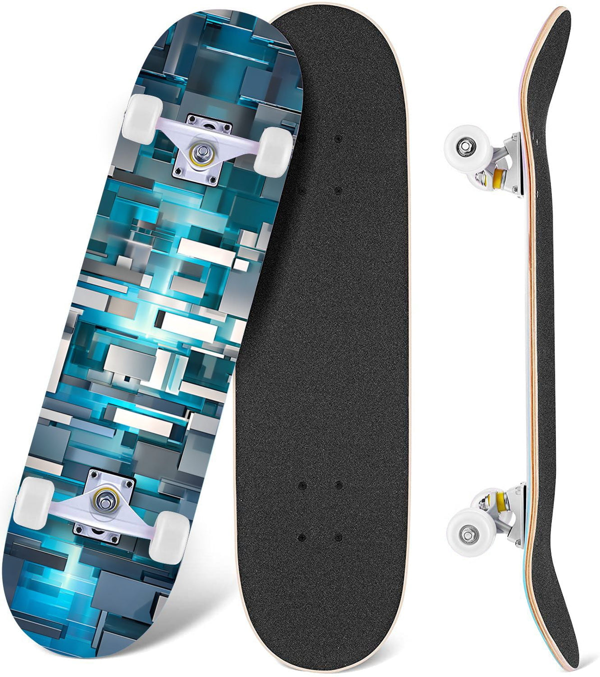 Glowing Futuristic Cubic Tunnel Metallic Tiles Bright Light 31" x 8" Complete Skateboard, 7-Ply Canadian Maple Double Kick Trick Board for Kids and Beginners Adult Gifts