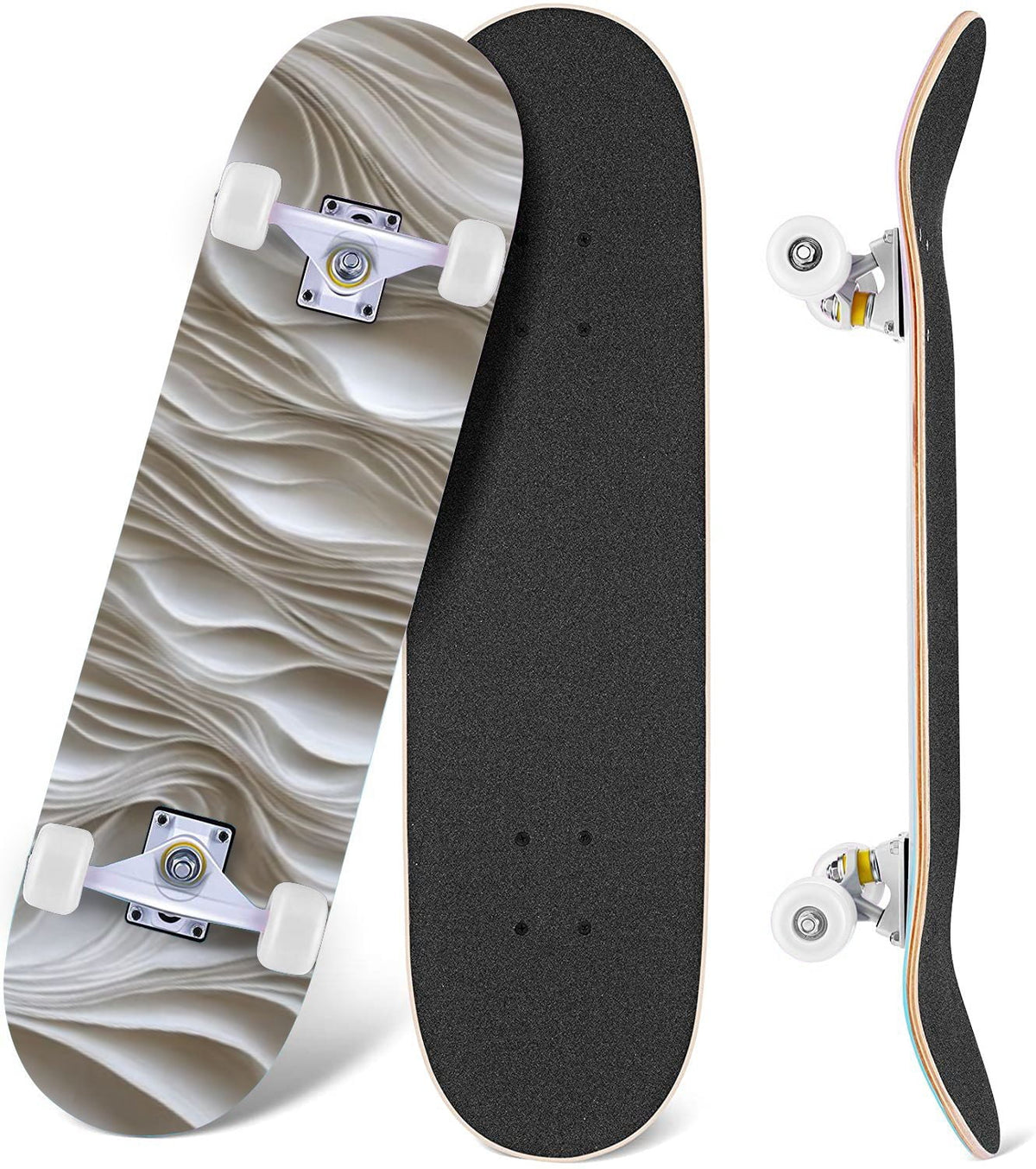 Beige Waves Flowing Lines 3D Effect 31" x 8" Complete Skateboard, 7-Ply Canadian Maple Double Kick Trick Board for Kids and Beginners Adult Gifts