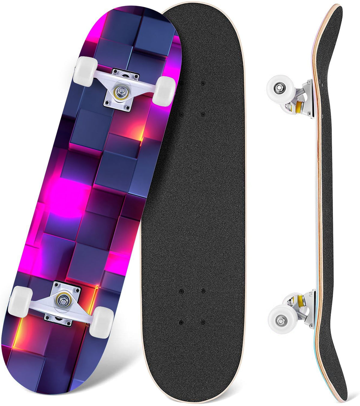 Glowing Futuristic Cubic Tunnel Metallic Tiles Bright Light 31" x 8" Complete Skateboard, 7-Ply Canadian Maple Double Kick Trick Board for Kids and Beginners Adult Gifts