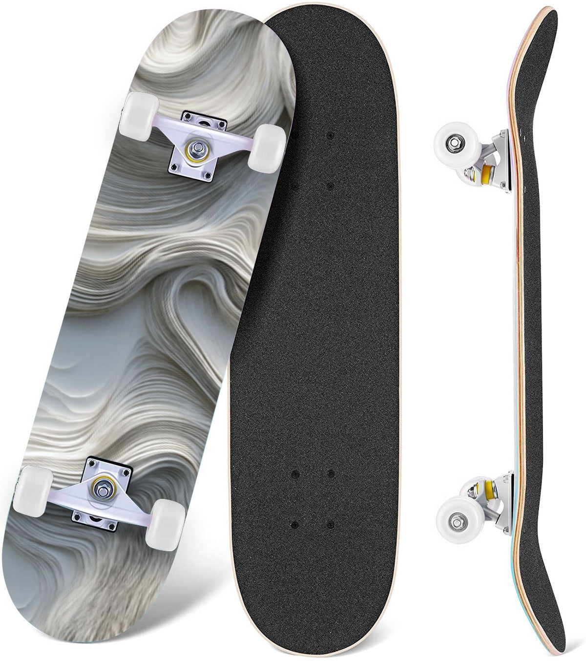 Beige Waves Flowing Lines 3D Effect 31" x 8" Complete Skateboard, 7-Ply Canadian Maple Double Kick Trick Board for Kids and Beginners Adult Gifts