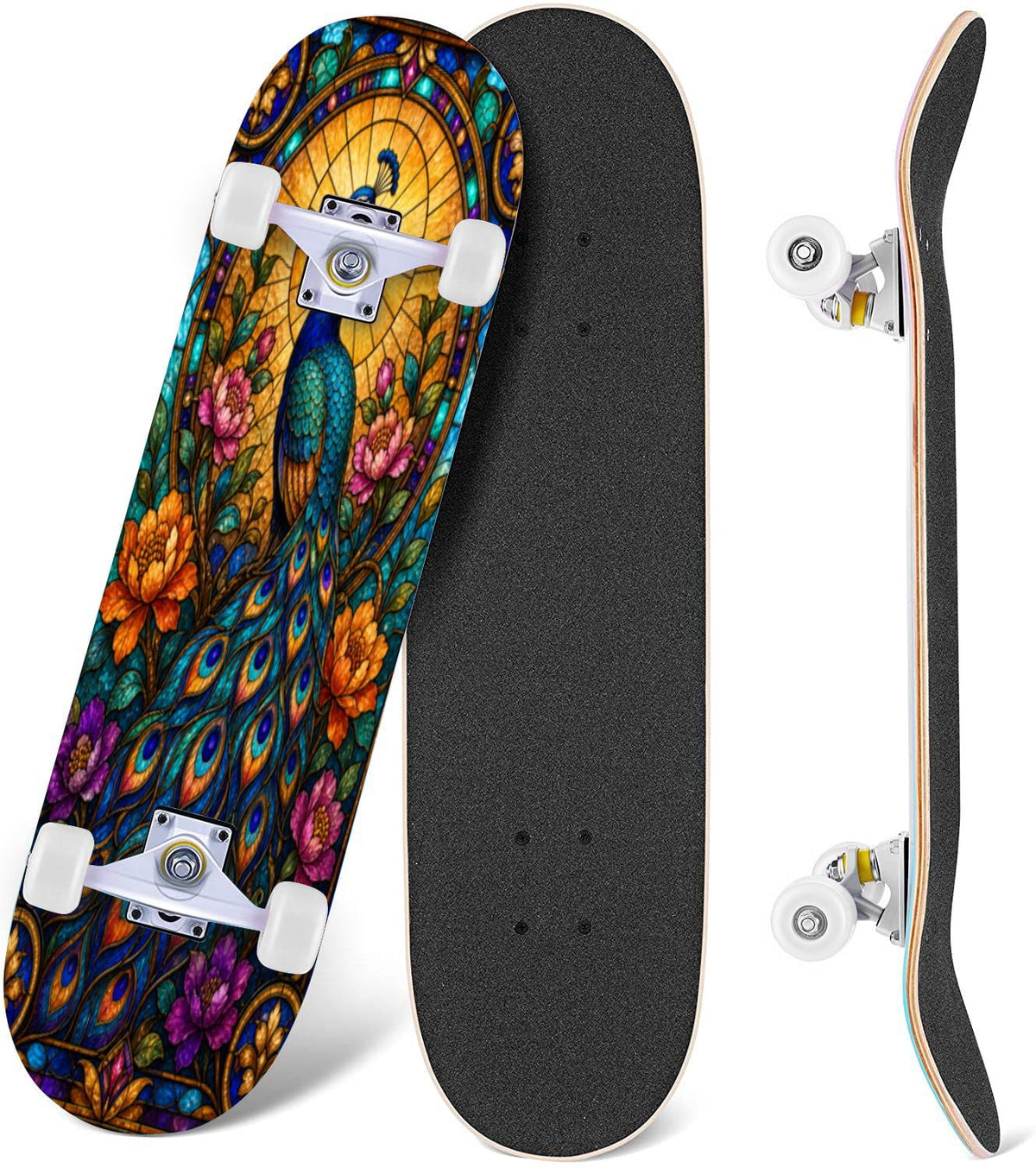 Abstract Geometric Curved Shapes Earthy Tones 31" x 8" Complete Skateboard, 7-Ply Canadian Maple Double Kick Trick Board for Kids and Beginners Adult Gifts