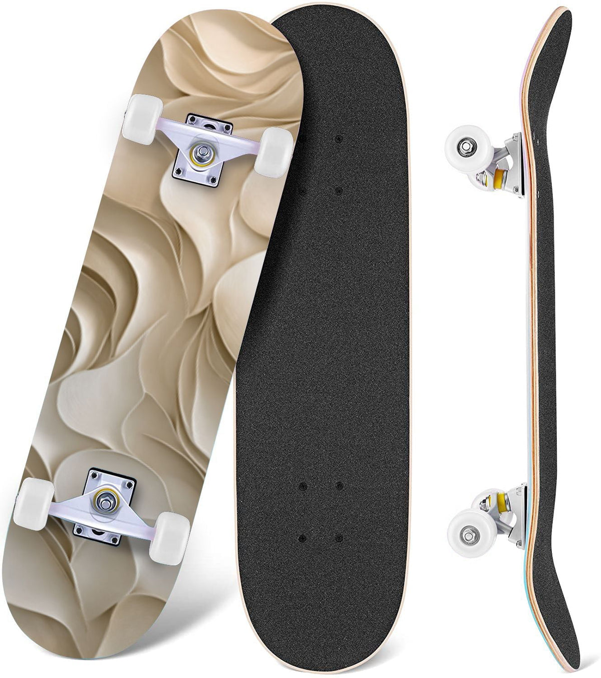 Beige Waves Flowing Lines 3D Effect 31" x 8" Complete Skateboard, 7-Ply Canadian Maple Double Kick Trick Board for Kids and Beginners Adult Gifts