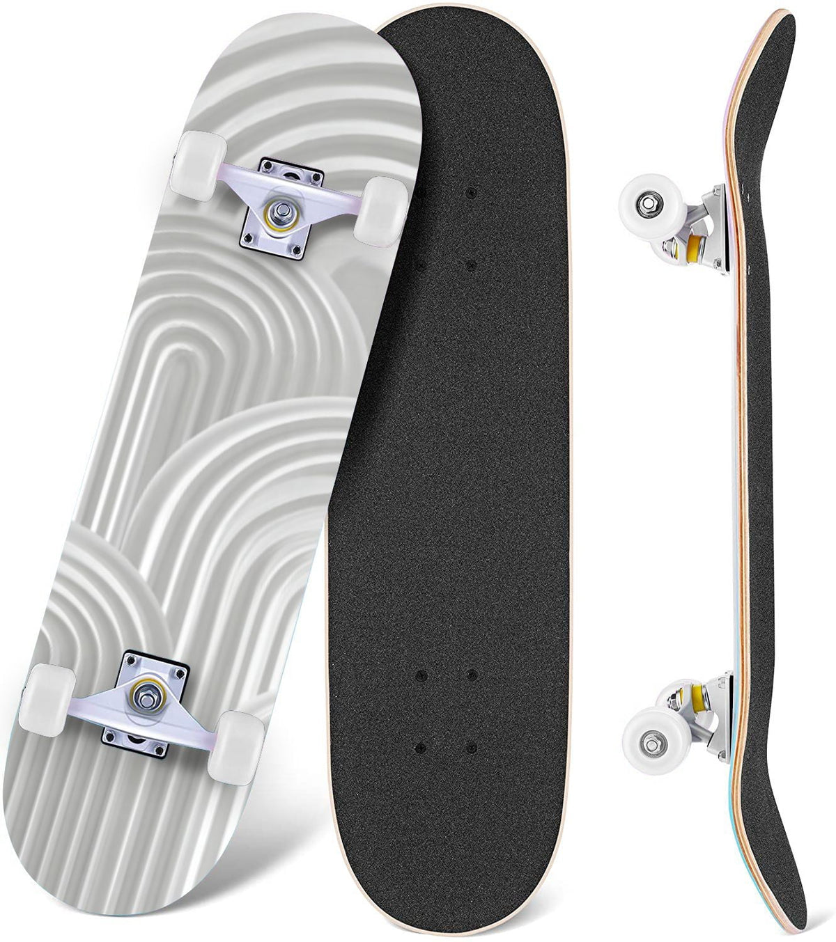 Beige Waves Flowing Lines 3D Effect 31" x 8" Complete Skateboard, 7-Ply Canadian Maple Double Kick Trick Board for Kids and Beginners Adult Gifts