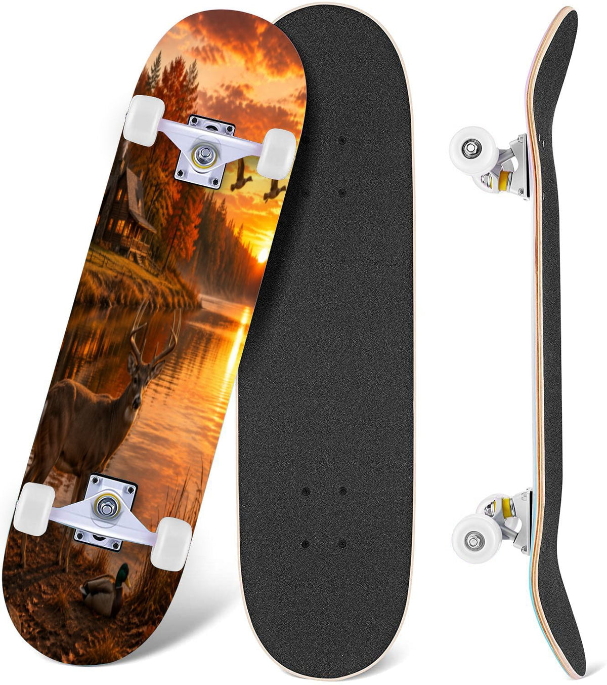 3D Nude Visual Effect Yellowish Brown Layered Chrysanthemum 31" x 8" Complete Skateboard, 7-Ply Canadian Maple Double Kick Trick Board for Kids and Beginners Adult Gifts