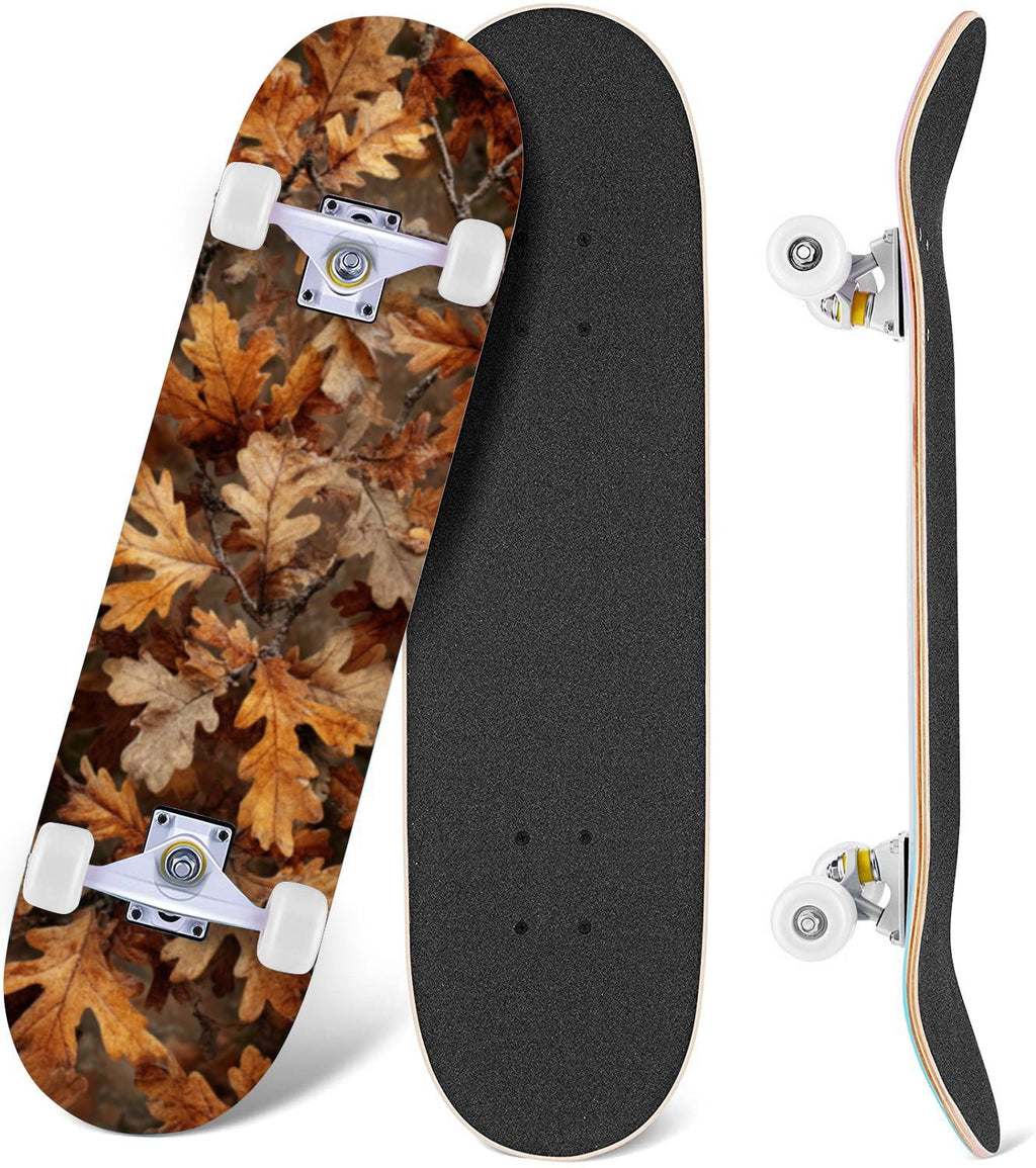 Autumn Forest Camouflage Oak Leaves Tree Branches 31" x 8" Complete Skateboard, 7-Ply Canadian Maple Double Kick Trick Board for Kids and Beginners Adult Gifts