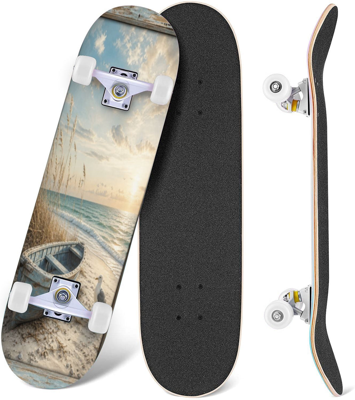 White Birch Tree Bark Natural Knots Horizontal Lines 31" x 8" Complete Skateboard, 7-Ply Canadian Maple Double Kick Trick Board for Kids and Beginners Adult Gifts