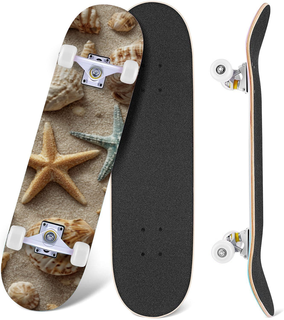 Delicate White Lotus Flowers Leaves Soft Blue 31" x 8" Complete Skateboard, 7-Ply Canadian Maple Double Kick Trick Board for Kids and Beginners Adult Gifts