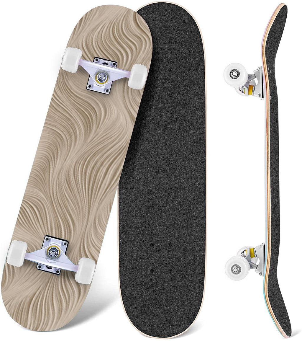 Beige Waves Flowing Lines 3D Effect 31" x 8" Complete Skateboard, 7-Ply Canadian Maple Double Kick Trick Board for Kids and Beginners Adult Gifts