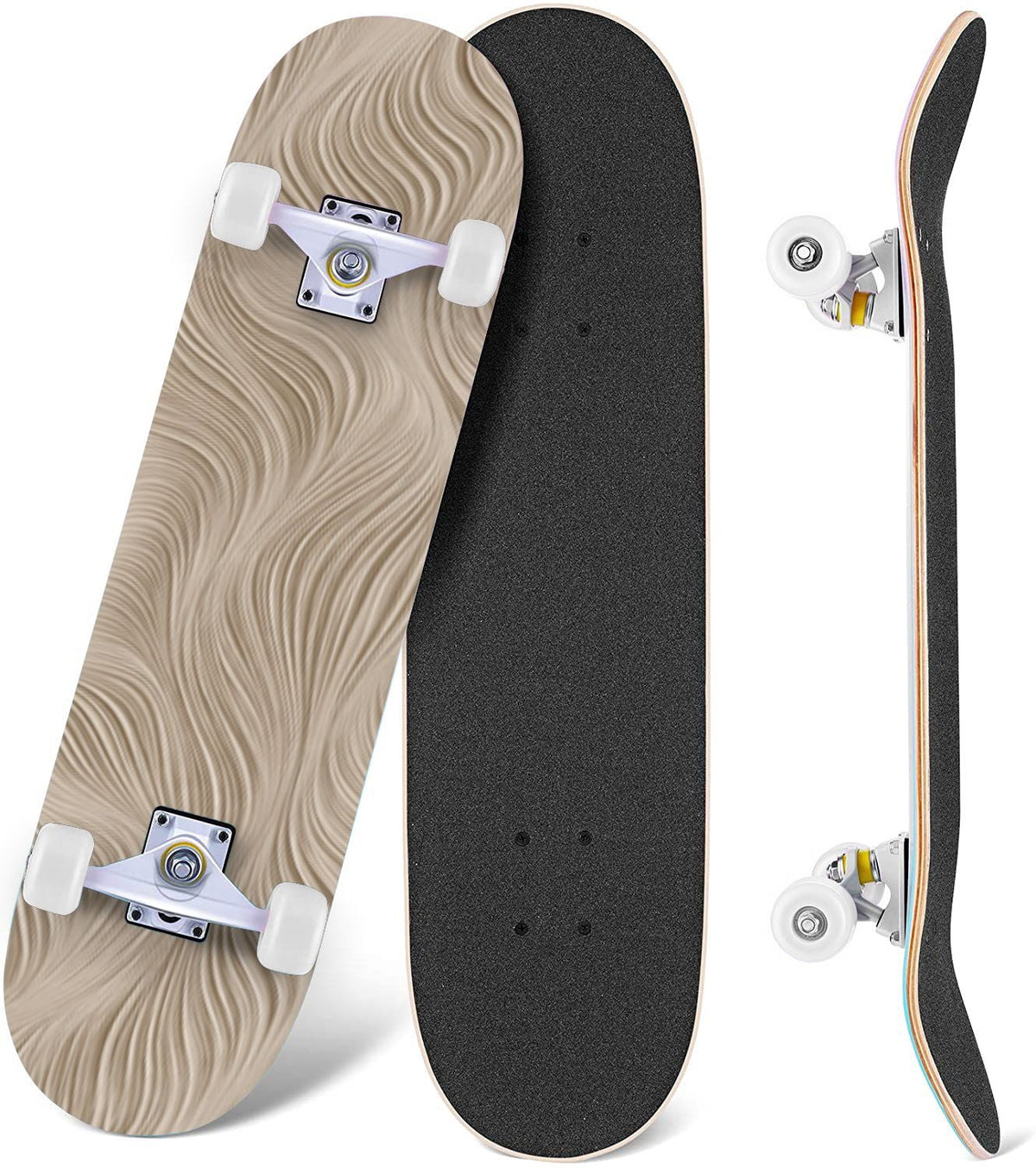 Beige Waves Flowing Lines 3D Effect 31" x 8" Complete Skateboard, 7-Ply Canadian Maple Double Kick Trick Board for Kids and Beginners Adult Gifts