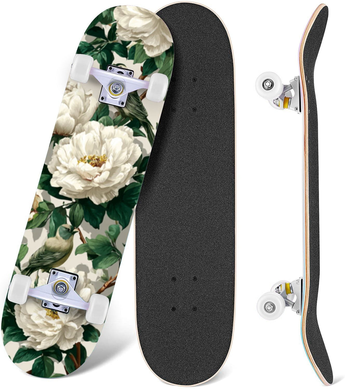 Elegant Cream Peach Peony Floral Green 31" x 8" Complete Skateboard, 7-Ply Canadian Maple Double Kick Trick Board for Kids and Beginners Adult Gifts