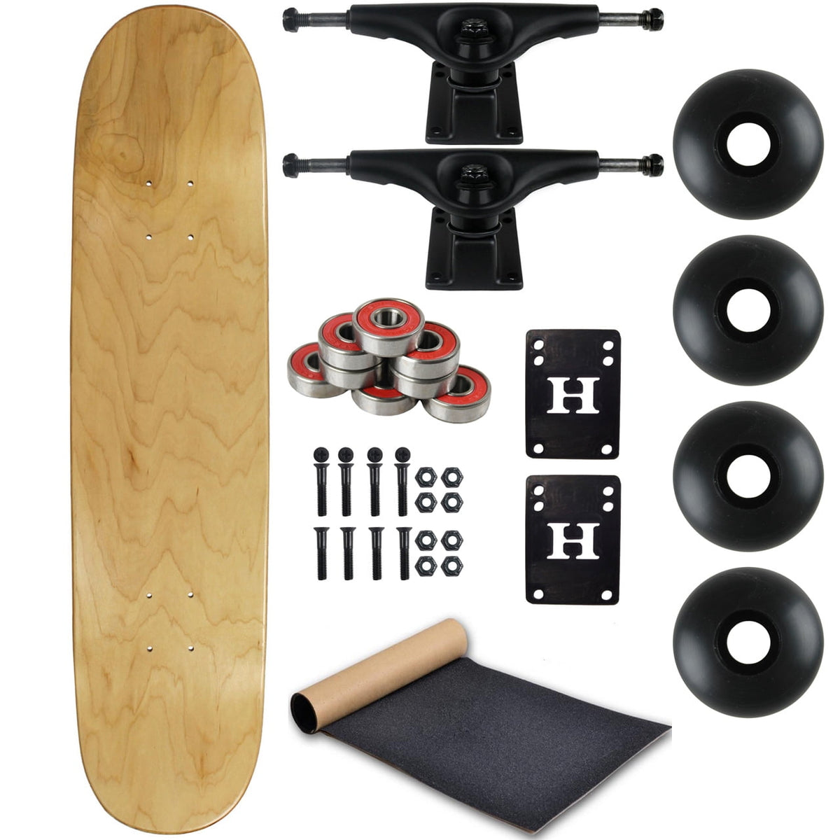 Blank Skateboard Complete 7.25" Natural with Black Trucks and Black Wheels