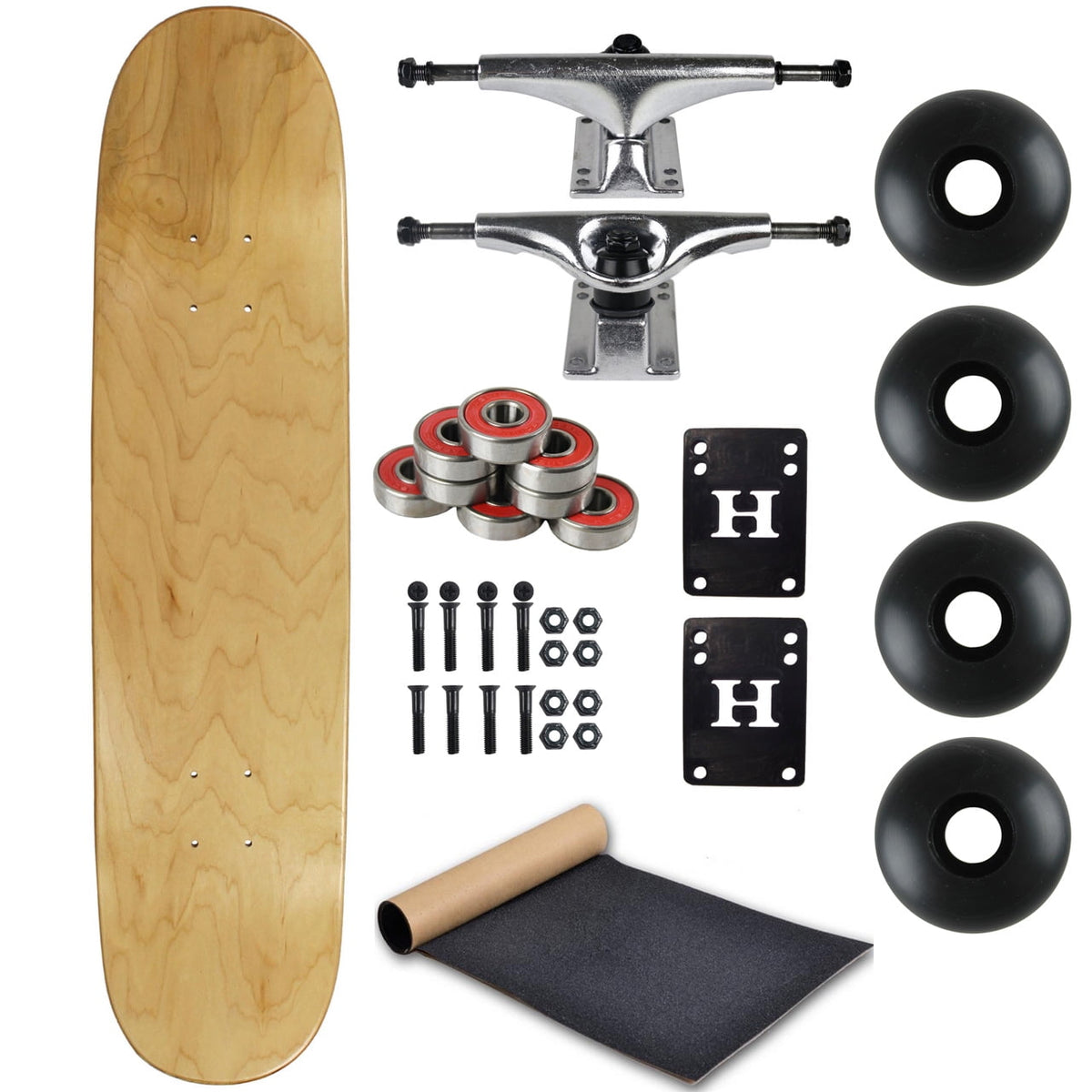 Blank Skateboard Complete 8.0" Natural with Silver Trucks and Black Wheels
