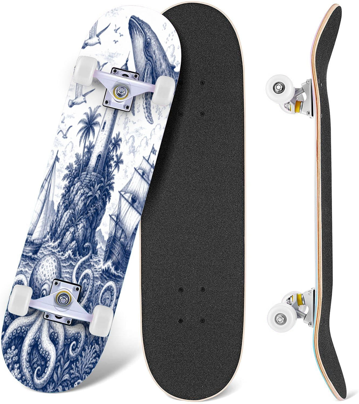 Abstract Geometric Curved Shapes Earthy Tones 31" x 8" Complete Skateboard, 7-Ply Canadian Maple Double Kick Trick Board for Kids and Beginners Adult Gifts