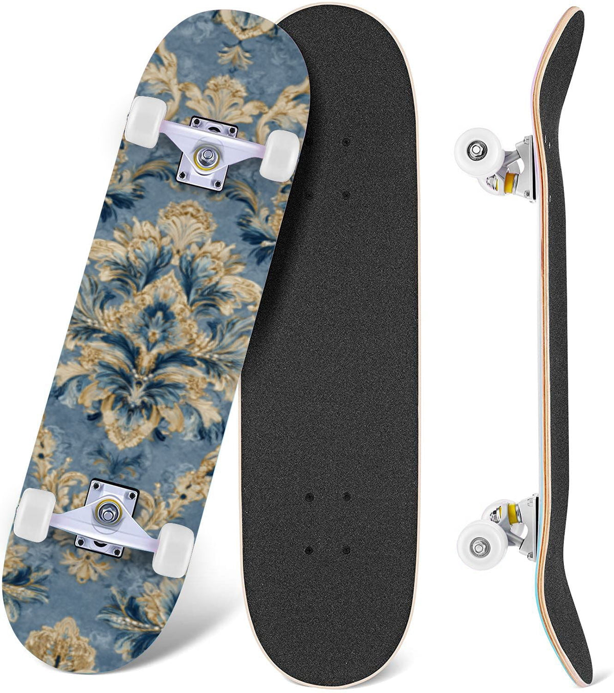 Elegant Purple Damask 31" x 8" Complete Skateboard, 7-Ply Canadian Maple Double Kick Trick Board for Kids and Beginners Adult Gifts