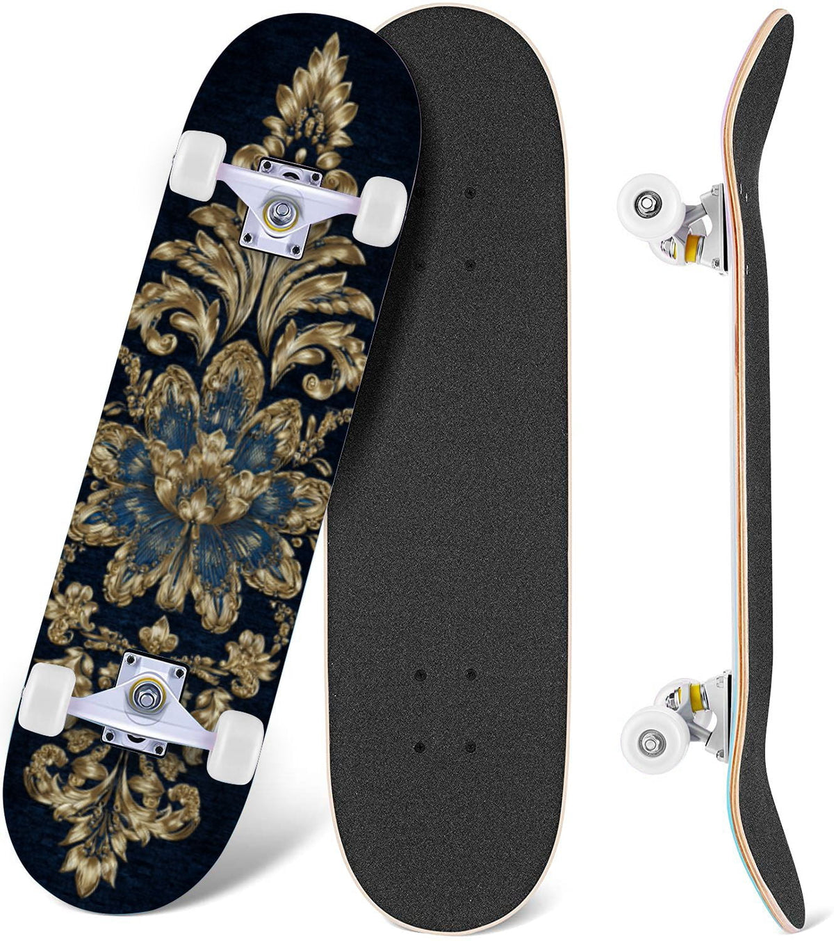 Botanical Birds Lemons Flowers Blue 31" x 8" Complete Skateboard, 7-Ply Canadian Maple Double Kick Trick Board for Kids and Beginners Adult Gifts