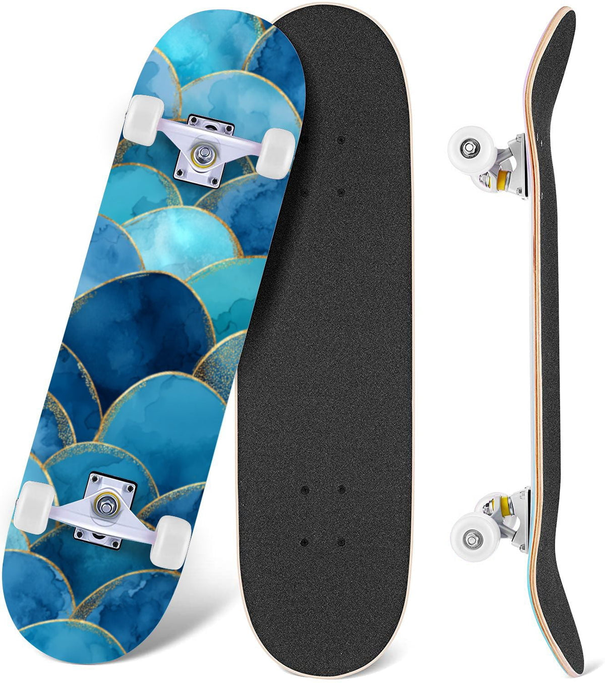 Vibrant Floral Bouquet Pink Roses Bright Colors Teal 31" x 8" Complete Skateboard, 7-Ply Canadian Maple Double Kick Trick Board for Kids and Beginners Adult Gifts