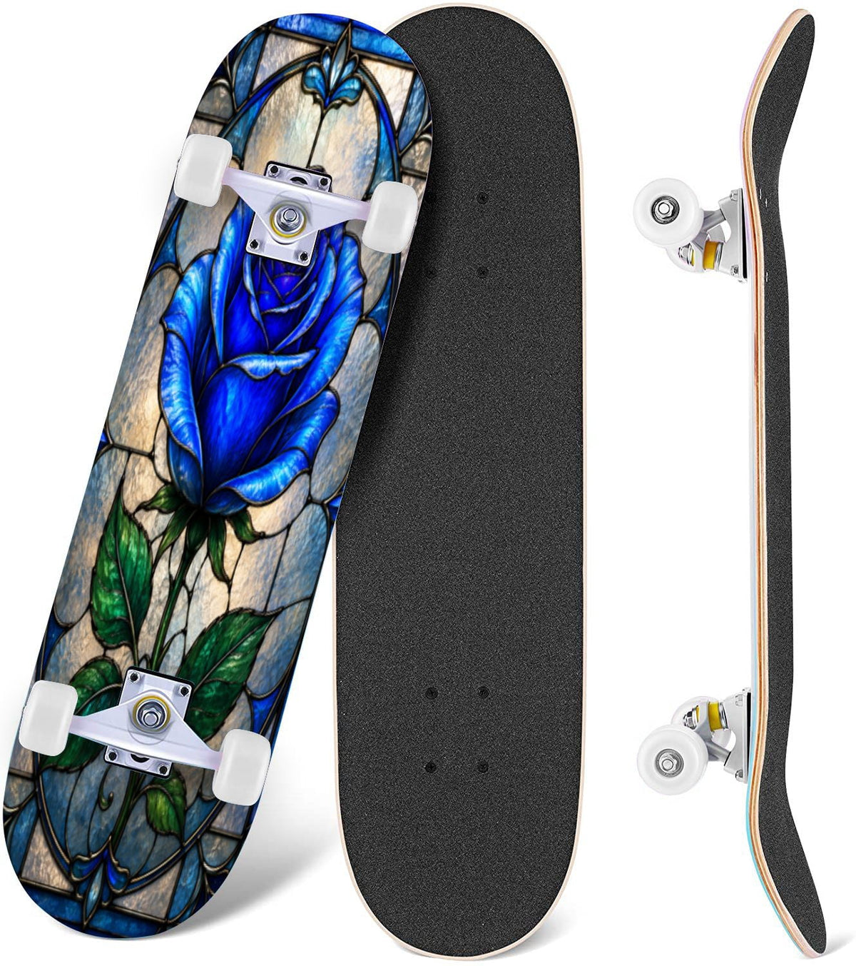 Modern Botanical Watercolor Pink Gold Mint Navy Leaves 31" x 8" Complete Skateboard, 7-Ply Canadian Maple Double Kick Trick Board for Kids and Beginners Adult Gifts