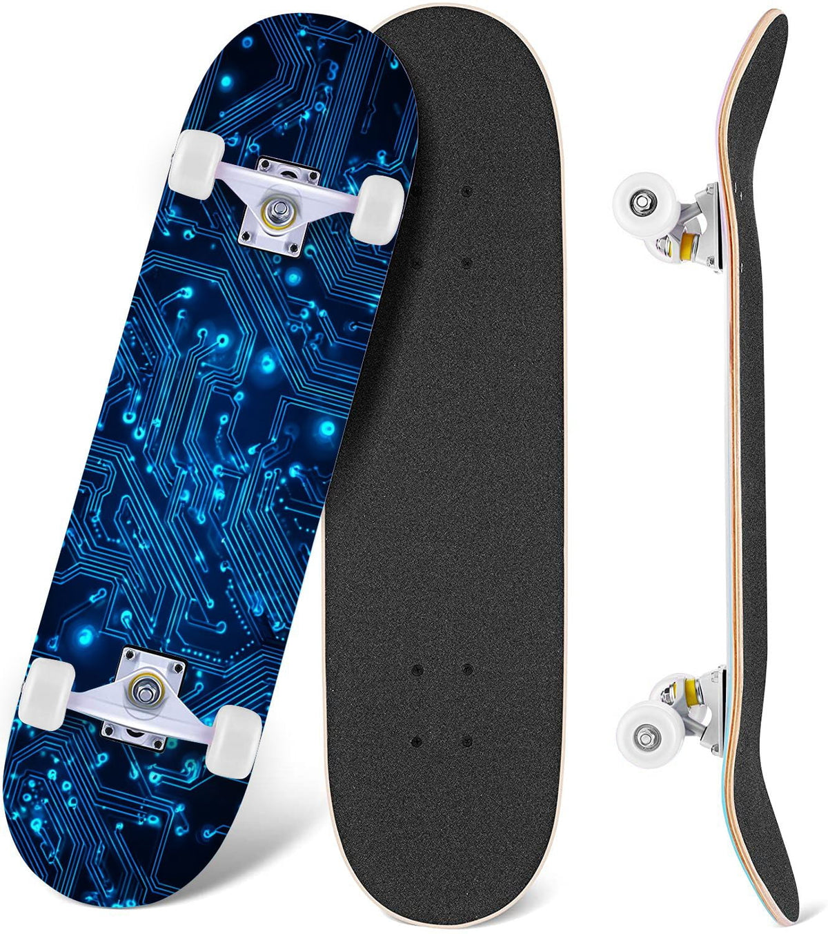 Futuristic Blue Abstract Technology Glowing Core 31" x 8" Complete Skateboard, 7-Ply Canadian Maple Double Kick Trick Board for Kids and Beginners Adult Gifts