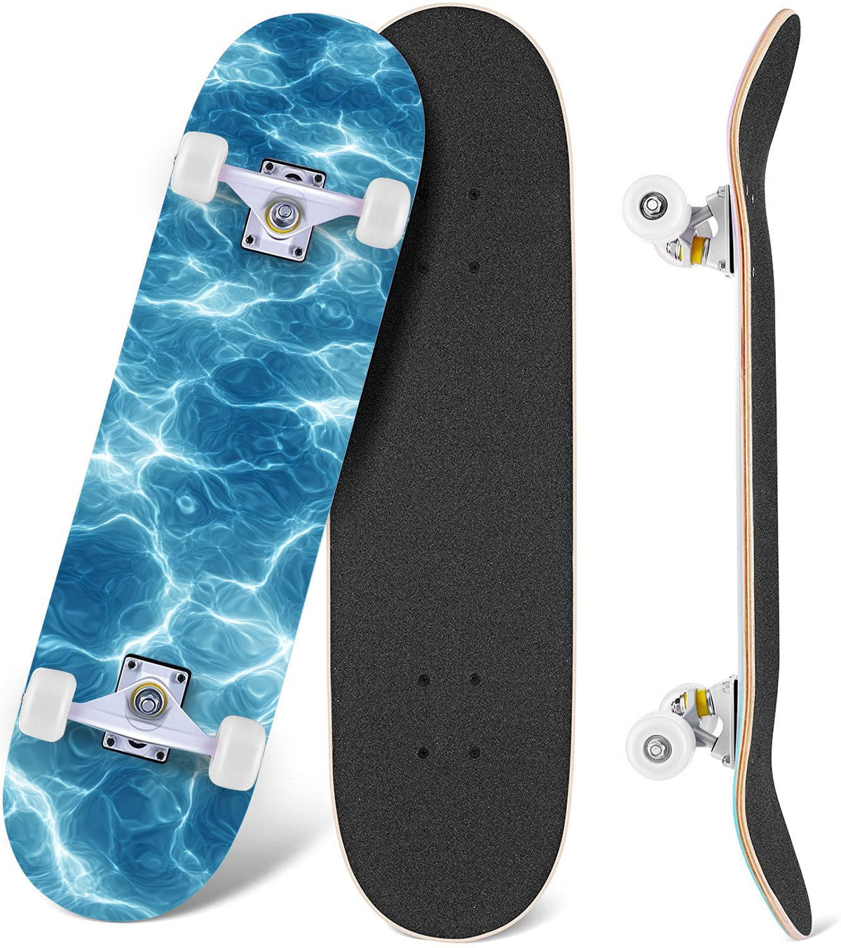 Starry Nebula Deep Blue Purple Tones Cosmic Clouds Stars 31" x 8" Complete Skateboard, 7-Ply Canadian Maple Double Kick Trick Board for Kids and Beginners Adult Gifts