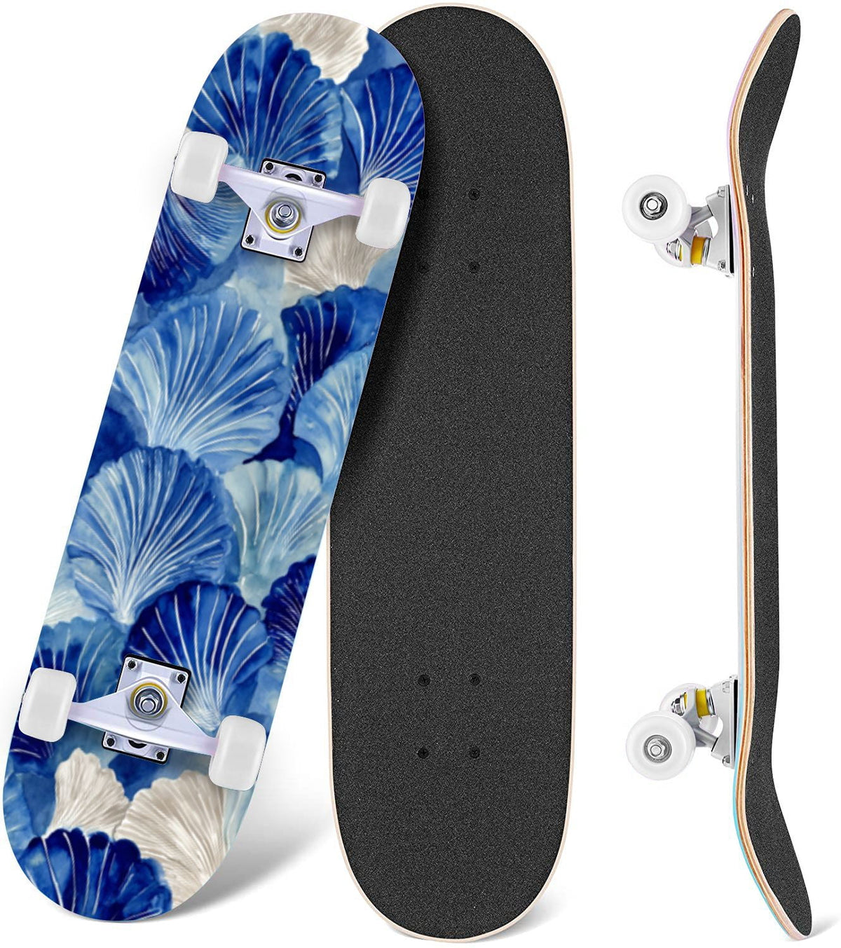 Elegant Cream Peach Peony Floral Green 31" x 8" Complete Skateboard, 7-Ply Canadian Maple Double Kick Trick Board for Kids and Beginners Adult Gifts