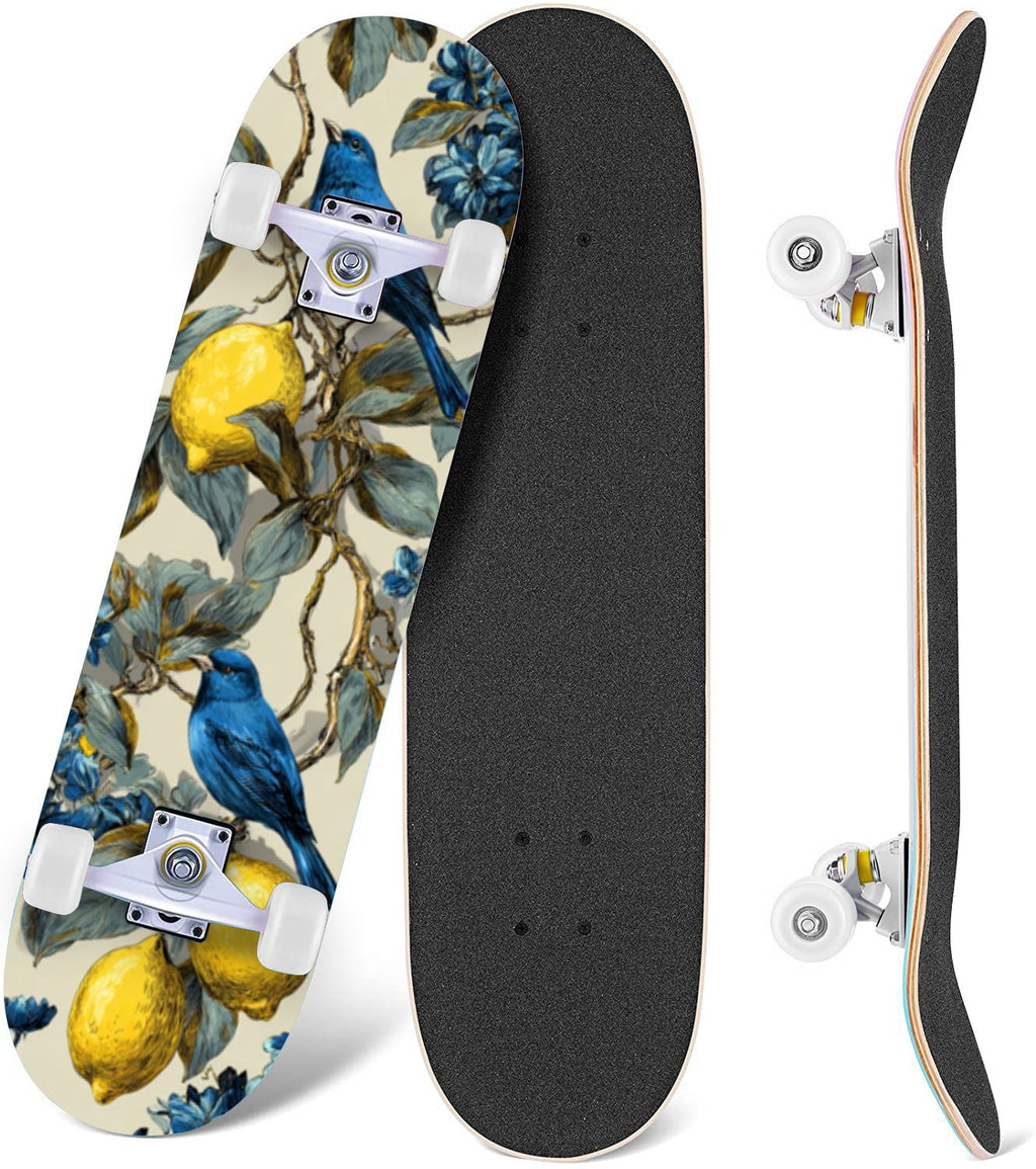 Botanical Birds Lemons Flowers Blue 31" x 8" Complete Skateboard, 7-Ply Canadian Maple Double Kick Trick Board for Kids and Beginners Adult Gifts