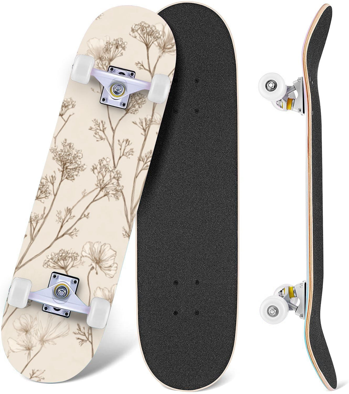 Watercolor Botanical Blue Green Leaves Flowers 31" x 8" Complete Skateboard, 7-Ply Canadian Maple Double Kick Trick Board for Kids and Beginners Adult Gifts