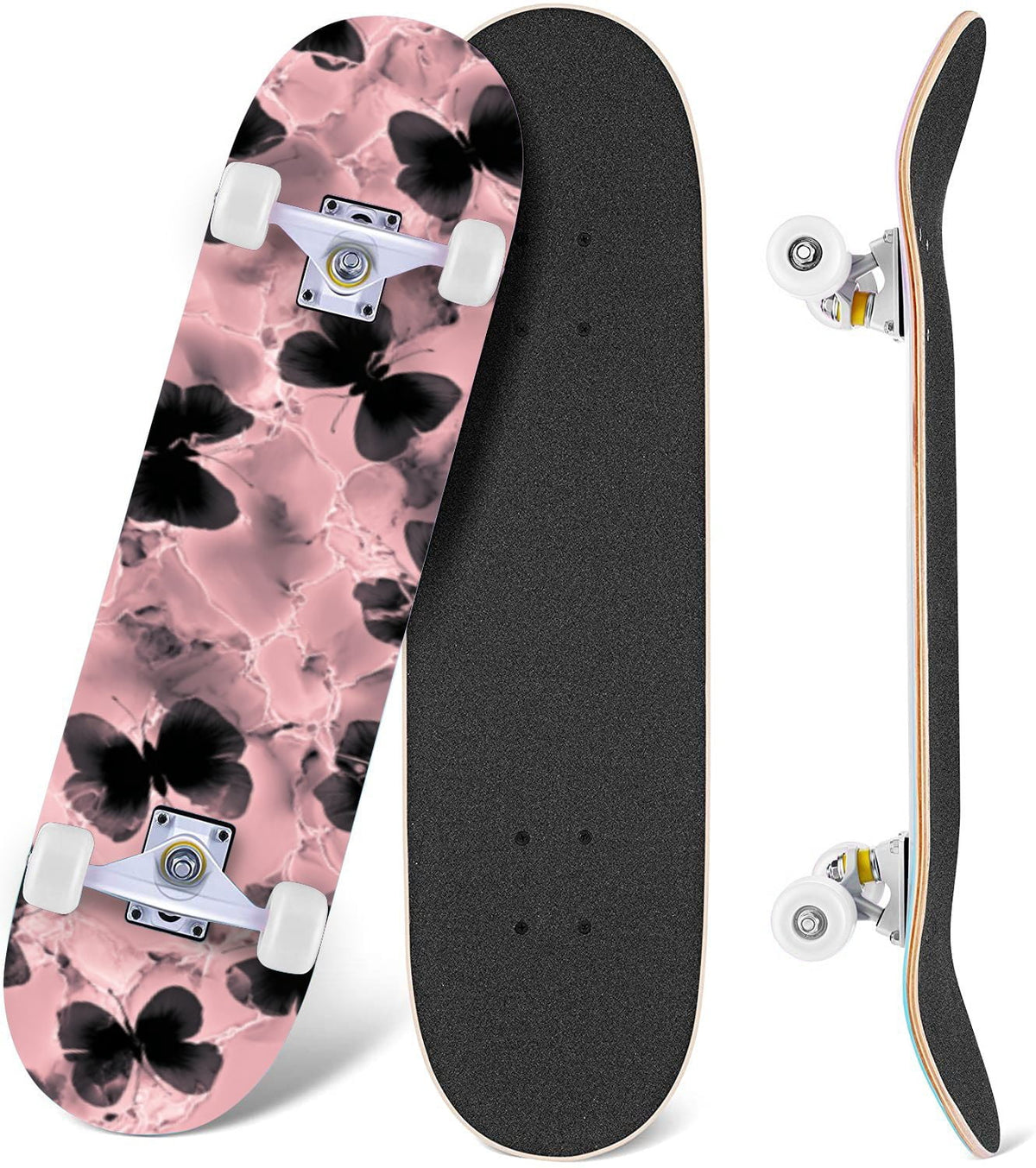 Delicate Pink Floral Ribbon Design 31" x 8" Complete Skateboard, 7-Ply Canadian Maple Double Kick Trick Board for Kids and Beginners Adult Gifts
