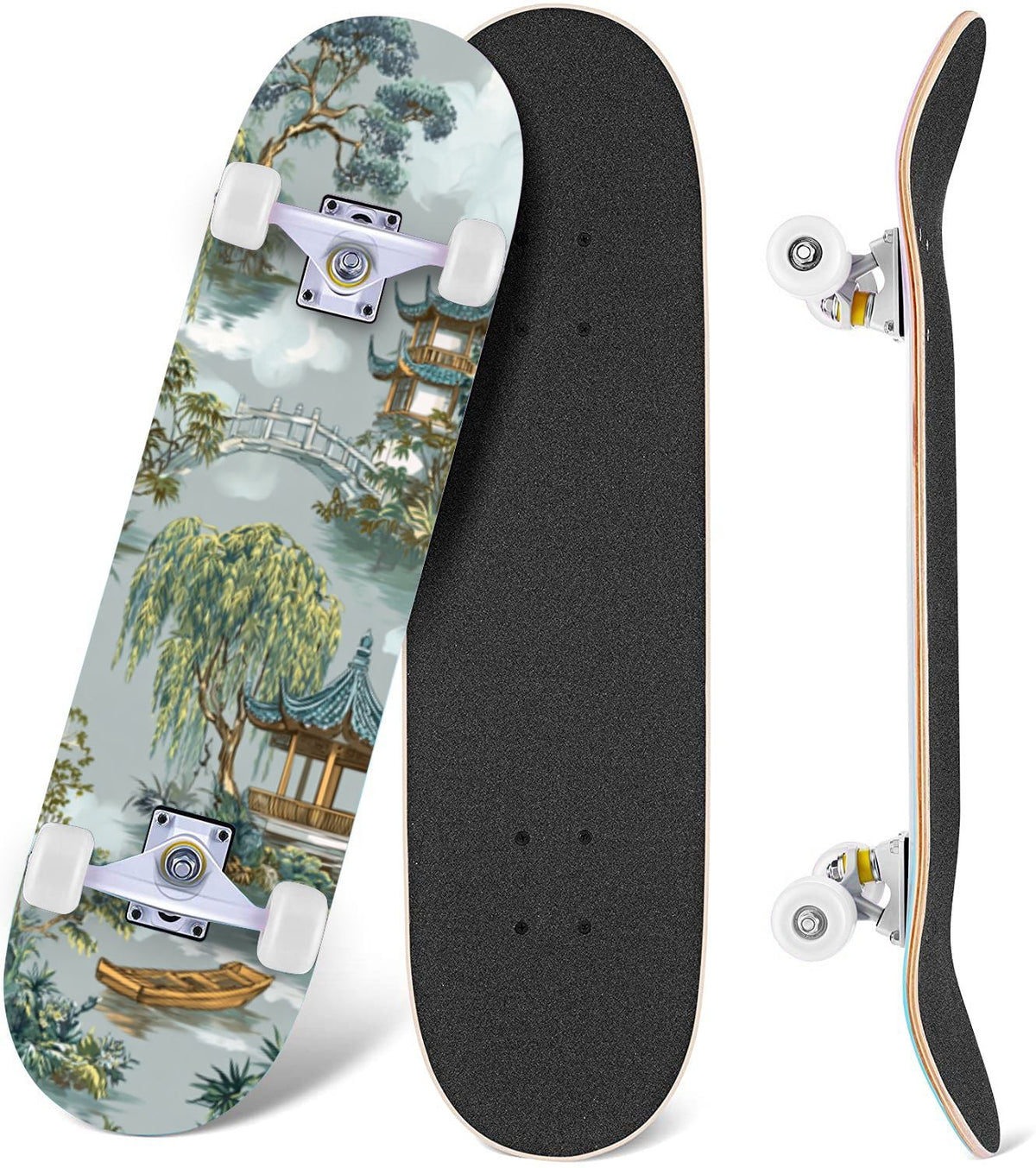 Vintage Damask Light Blue Brown Tones 31" x 8" Complete Skateboard, 7-Ply Canadian Maple Double Kick Trick Board for Kids and Beginners Adult Gifts