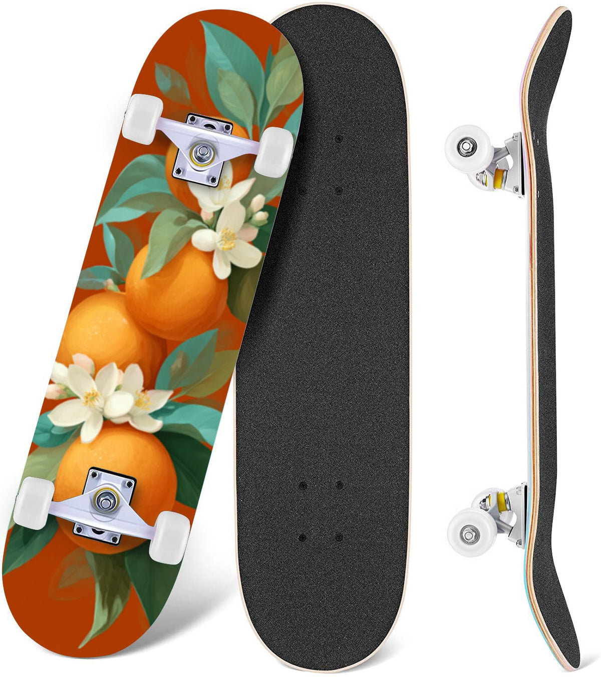 Botanical Birds Lemons Flowers Blue 31" x 8" Complete Skateboard, 7-Ply Canadian Maple Double Kick Trick Board for Kids and Beginners Adult Gifts