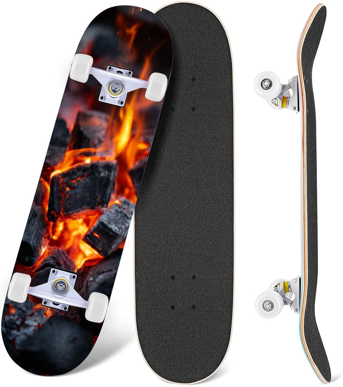 Vintage Damask Light Blue Brown Tones 31" x 8" Complete Skateboard, 7-Ply Canadian Maple Double Kick Trick Board for Kids and Beginners Adult Gifts