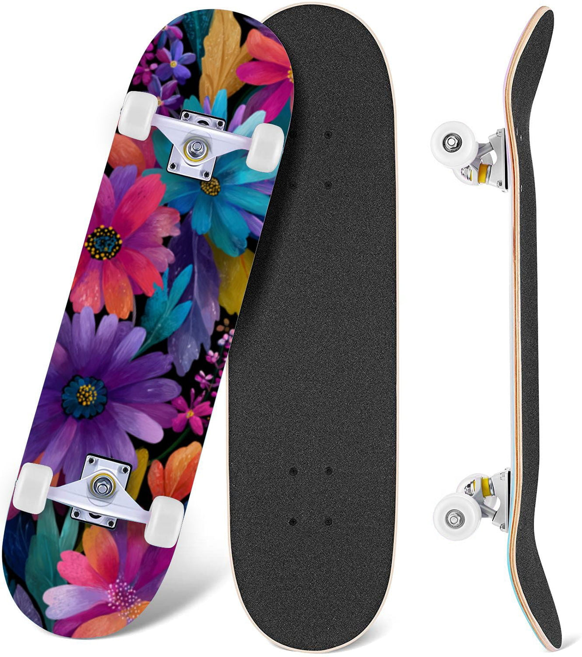 Golden Floral Line Art Seamless 31" x 8" Complete Skateboard, 7-Ply Canadian Maple Double Kick Trick Board for Kids and Beginners Adult Gifts