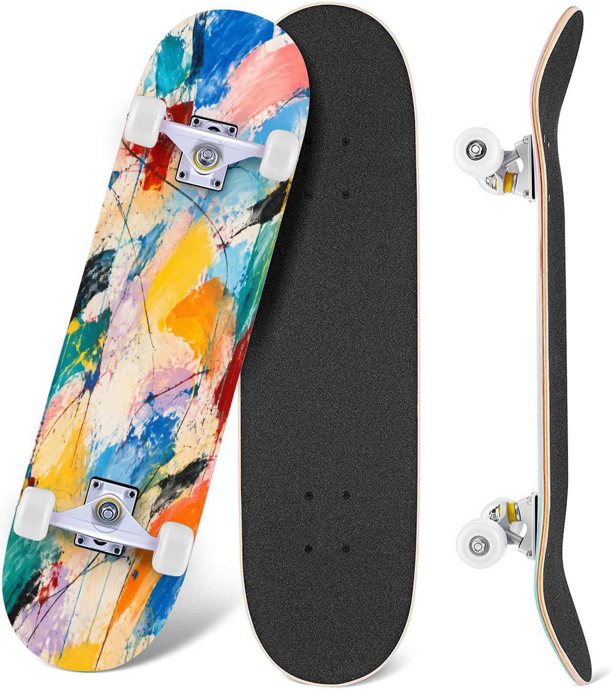 Complete Skateboard Colorful Splash Art Headphones 31 Inch 7-Ply Maple Skateboard with PU Wheels and Aluminum Trucks, Ready-to-Ride Skateboard for Beginners, Teens and Adults