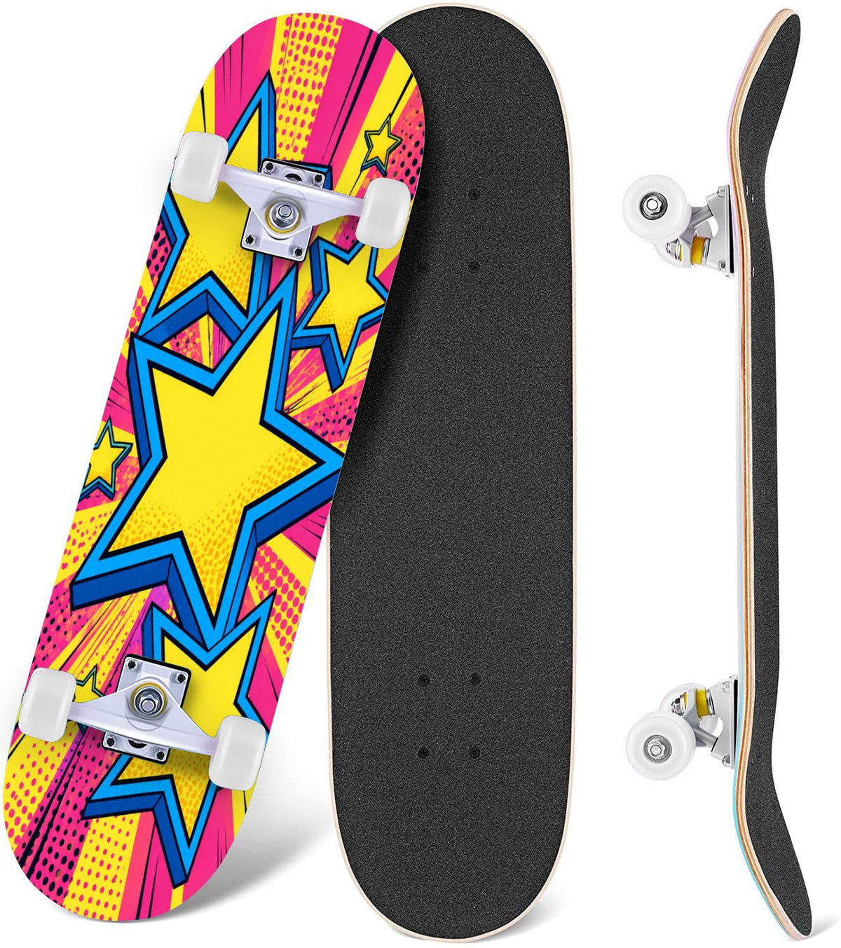 Complete Skateboard Colorful Hearts Graffiti 31 Inch 7-Ply Maple Skateboard with PU Wheels and Aluminum Trucks, Ready-to-Ride Skateboard for Beginners, Teens and Adults