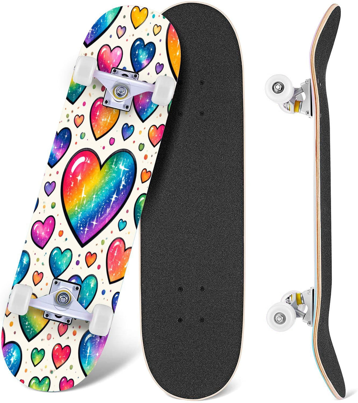 Complete Skateboard Colorful Hearts Graffiti 31 Inch 7-Ply Maple Skateboard with PU Wheels and Aluminum Trucks, Ready-to-Ride Skateboard for Beginners, Teens and Adults