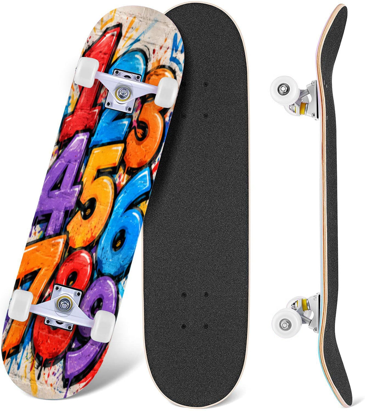 Complete Skateboard Vibrant Multicolored Abstract 31 Inch 7-Ply Maple Skateboard with PU Wheels and Aluminum Trucks, Ready-to-Ride Skateboard for Beginners, Teens and Adults