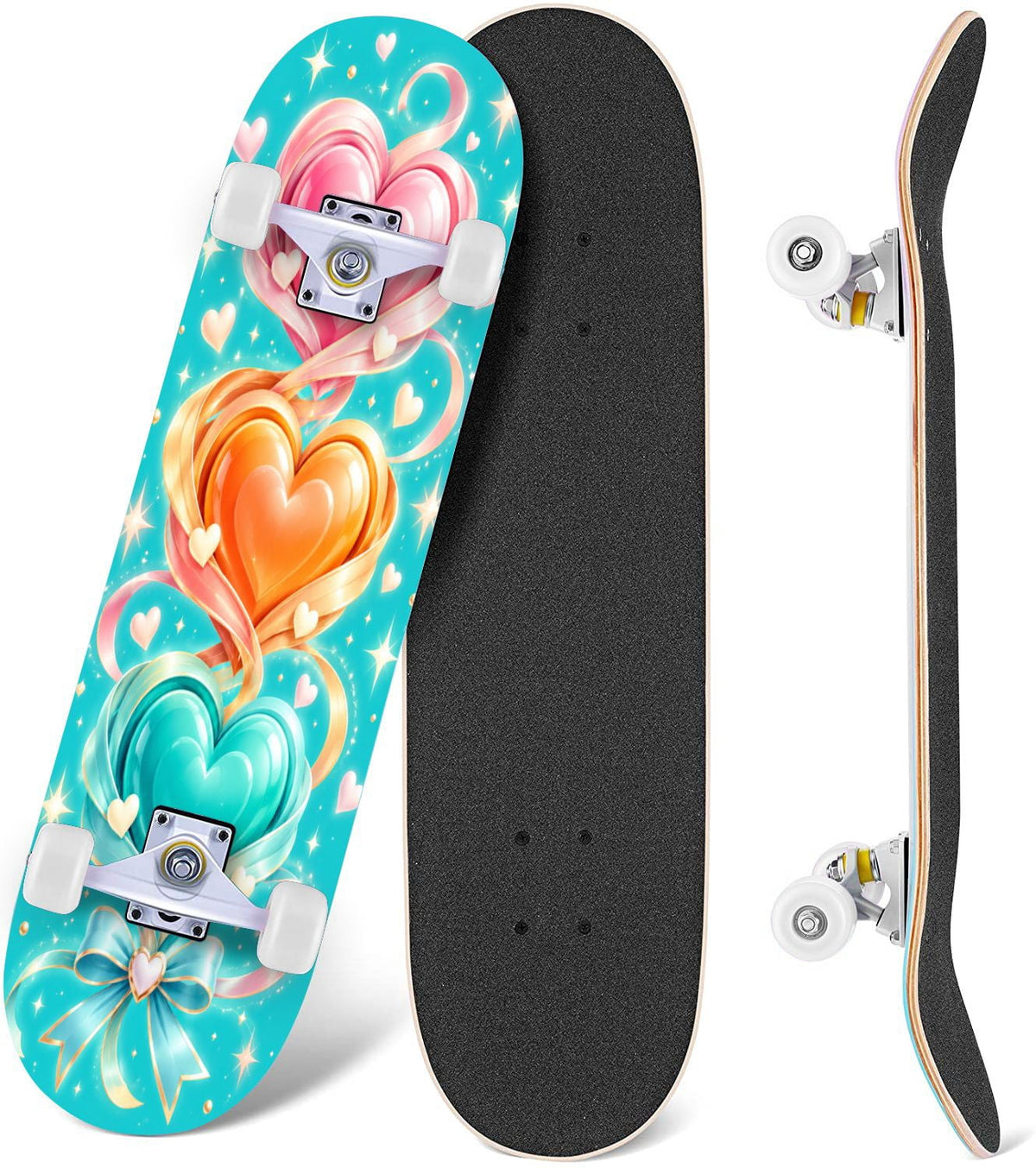 Complete Skateboard Colorful Hearts Graffiti 31 Inch 7-Ply Maple Skateboard with PU Wheels and Aluminum Trucks, Ready-to-Ride Skateboard for Beginners, Teens and Adults