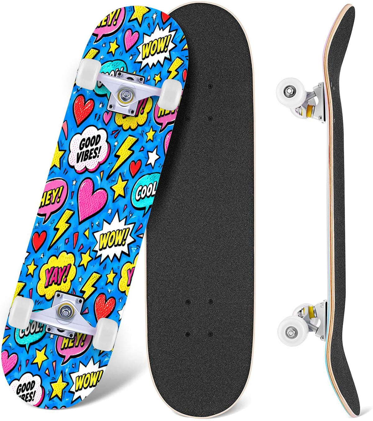 Complete Skateboard Colorful Heart Swirls 31 Inch 7-Ply Maple Skateboard with PU Wheels and Aluminum Trucks, Ready-to-Ride Skateboard for Beginners, Teens and Adults