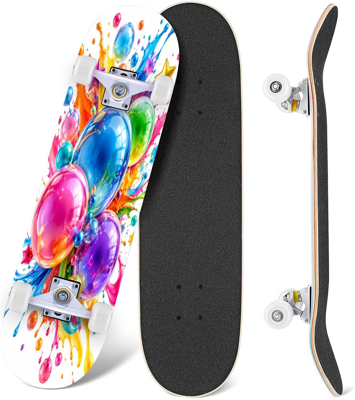 Complete Skateboard Paint Splash Explosion 31 Inch 7-Ply Maple Skateboard with PU Wheels and Aluminum Trucks, Ready-to-Ride Skateboard for Beginners, Teens and Adults